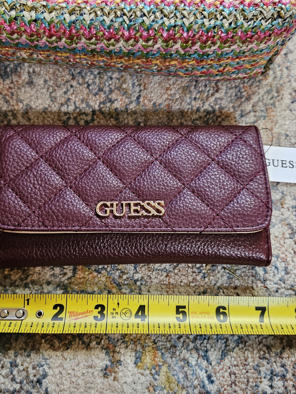 GUESS Burgundy Quilted Wallet & Multicolor Woven Straw Pom Pom Clutch Bag Set - Picture 8 of 11